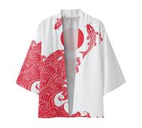 Duohropke - Kimono giapponese da uomo, giacca, cardigan da uomo, primavera e estate, a mezza manica, con stampa, senza colletto, camicia antica, Colore: rosso, L