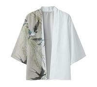 Duohropke - Kimono giapponese da uomo, giacca da uomo, primavera e estate, cardigan a mezza manica fresco, camicia antica stampata senza colletto, B-verde., S