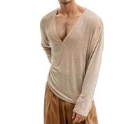 Duohropke Maglia a maniche lunghe da uomo con scollo a V profondo, a maniche lunghe, slim fit, camicia a maniche lunghe, da uomo, sexy, oversize, con collo a V, maglietta sportiva sottile, cachi, S