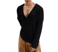 Duohropke Maglia a maniche lunghe da uomo con scollo a V profondo, a maniche lunghe, slim fit, camicia a maniche lunghe, da uomo, sexy, oversize, con collo a V, maglietta sportiva sottile, Nero , L