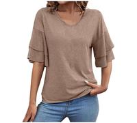 Duohropke Maglietta da donna, elegante, a maniche a 3/4, con scollo a V, comoda, leggera, con volant, maniche a campana, per il tempo libero, l'ufficio, alla moda