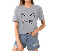 Duohropke Maglietta da donna elegante con motivo floreale botanico, simpatica illustrazione di gatti, per il tempo libero, maglietta estiva a maniche lunghe, grigio., L