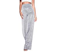Duohropke Pantaloni da discoteca da donna, lucidi, metallizzati, stile retrò, anni '70, 80, 03 argento, S