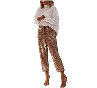 Duohropke Pantaloni da donna con paillette, con brillantini, a vita alta con elastico, sexy, eleganti, per il tempo libero, feste, casual, da donna, gold, M