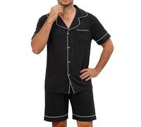 Duohropke Pigiama da uomo, corto, estivo, in due pezzi, a maniche corte, con bottoni e pantaloncini abbinati con tasca, morbido e confortevole, biancheria da notte, Nero , S
