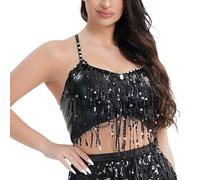 Duohropke Reggiseno da donna con paillette, per danza del ventre, con allacciatura al collo, da donna, con nappa, bikini, yoga, feste, clubwear, Nero , XL