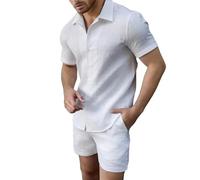 Duohropke Set di 2 magliette da uomo e pantaloncini, 2 pezzi, estive, tuta da jogging, a maniche corte, per il tempo libero, hawaiano, set da spiaggia casual, bianco, L