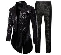 Duohropke Tuta con glitter da uomo con paillettes smoking 2 pezzi per feste, balli di fine anno, slim fit, set casual, business, stile britannico, blazer, cappotto, pantaloni gotici, Nero , XL