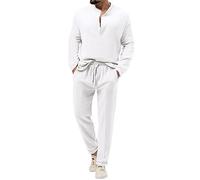 Duohropke Tuta da uomo in lino, 2 pezzi, estiva, per il tempo libero, in cotone e lino, a maniche lunghe, maglietta Henley + pantaloni, set da 2 pezzi, bianco, S