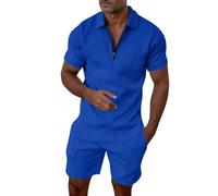 Duohropke Tuta sportiva da uomo, estiva, 2 pezzi, con stampa, a maniche corte, casual, con risvolto e pantaloni corti, per il tempo libero, 2 pezzi, traspirante, Activewear, 01 blu., M