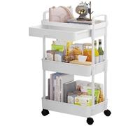 DUOJIN Carrello Multiuso in Plastica a 3 Livelli con Maniglia, Carrello Portaoggetti Multifunzione con Cestini in Rete e Ruote Bloccabili per Bagno, Cucina, Ufficio, Aula (Bianco)