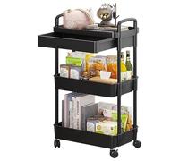 Duojin - Carrello portaoggetti a 3 ripiani in plastica con maniglia, carrello portaoggetti multifunzionale con cesti a rete e ruote bloccabili per bagno, cucina, ufficio, aula (nero)