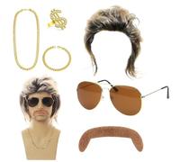Duoleimi Set di 6 parrucche da uomo e accessori anni '80, Mullet Vokuhila, parrucca da uomo, costume anni '80, accessori per feste leggere e comode, da uomo.