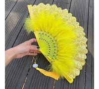 Duories Ventaglio a forma di piuma, con ciondolo a nappa, scomparti pieghevoli, stile vintage, spagnolo, vittoriano, da donna, per ballare, per matrimonio, estate, feste, carnevale, colore giallo