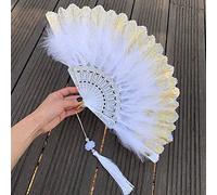 Duories Ventaglio a forma di piuma, con ciondolo a nappa, scomparti pieghevoli, stile vintage, spagnolo, vittoriano, da donna, per ballare, per matrimonio, estate, feste, carnevale, colore bianco
