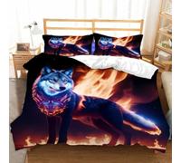 Duosm Copripiumino una Piazza e Mezza Animale Lupo, 3D Copripiumino 200x200 Fiamme Stampa Set Biancheria da Letto 3 Pezzi Microfibra Copripiumone con 2 Federe