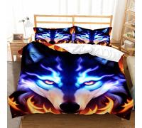 Duosm Copripiumino una Piazza e Mezza Stampa Lupo, 3D Copripiumino 200x200 Fiamme Stampa Set Biancheria da Letto 3 Pezzi Microfibra Copripiumone con 2 Federe