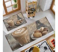DUOTCYELE Set Di 2 Tappeti Da Cucina Caffè Elementi Parigini, Tappetini Da Cucina Stile Rétro Francese Lavabili, Runner Antiscivolo, Tappetino Assorbente per Ingresso, 45x75cm+45x150cm