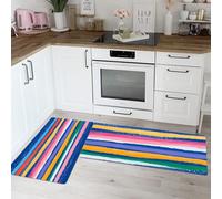 DUOTCYELE Set Di Tappeti Da Cucina 2 Pezzi Strisce Arcobaleno Graffiti, Tappetino Cucina Stile Di Pittura Ad Olio Dipinta A Mano, Tappeti Passatoia Anti Fatica Facili Pulire, Blu, 45x75cm+45x150cm