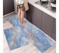 DUOTCYELE Tappetino Da Cucina Luce Stellare Marmo, Tappeti Da Cucinas Con Lusso Da Sogno, Tappeto Cucina Antiscivolo Lavabile, Azzurro Chiaro Decorazione per Casa Interni, 45x75cm+45x150cm