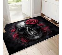 DUOTCYELE Tappeto Con Rose Rosse Teschio, Tappetino Con Stile Gotico Oscuro, Stabile E Antiscivolo, Antigraffio E Resistente, Adatto per Ingresso, Soggiorno Camera Da Letto, Nero, 60 x 90 cm