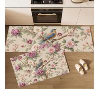 DUOTCYELE Tappeto Da Cucina Peonia Uccello Azzurro, Set Di 2 Tappeti Da Cucina Stile Rustico Inglese, Lavabile, Antiscivolo, Tappeto Passatoia Cucinas Sottolavello 50x80cm+50x150cm