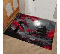 DUOTCYELE Zerbino Con Drago Nero Samurai Tempio, Zerbino Fantasy In Stile Giapponese Interni, Tappetino per Porta Anteriore Posteriore, Decorazione per La Casa, Tappeto Da Grigio, 90 x 150 cm