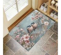 DUOTCYELE Zerbino per Interni Con Fiori Di Ciliegio Cinciallegre 50 x 80 cm, Zerbino per Pavimento Con Arte Cinese Retrò, Decorazione per La Casa, Tappetino Antiscivolo per Soggiorno, Verde Chiaro
