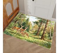 DUOTCYELE Zerbino per Interni Con Foresta Prateria Cervo 50 x 80 cm, Zerbino per Pavimento Con Animali Ad Acquerello Vintage, Decorazione per La Casa, Tappetino Antiscivolo per Soggiorno, Verde