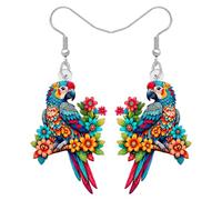 DUOWEI Orecchini pendenti in acrilico carino Hawaii tropicale pappagallo divertente uccello con fiore colorato orecchini pendenti primavera estate gioielli accessori per donne mamma amanti degli