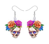 DUOWEI Spooky Day of the Dead Skull Orecchini pendenti Regali di Halloween per le donne, design corona di fiori di rosa, gotico costume di Halloween vacanza strani accessori, Medio, Acrilico Acciaio