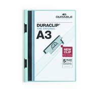 Durable 221806 Duraclip A3, Cartellina con Clip per Archiviare Documenti, Capacità 1 - 60 Fogli, Formato A3, Azzurro, Confezione da 10 Pezzi