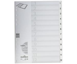 Durable 611202 - Divisorio con tasti prestampati 1-12, f.to A4 verticale, 12 tasti, copertina personalizzabile, foratura universale, bianco