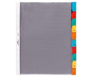 Durable 663219 - Busta intercalare forata, cavalierini colorati, set di etichette bianche e stampate, f.to A4, 10 tasti, foratura universale, trasparente