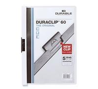 Durable Cartellina con clip Duraclip 60 Retail, A4, 5 pezzi, bianco, 223802 | Portadocumenti rigido con clip in acciaio, capacità 1-60 fogli, fronte trasparente e retro colorato, Made in Germany
