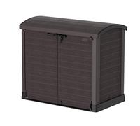 Duramax Cedargrain StoreAway da 1200 L, casetta da giardino in plastica, con coperchio ad arco per esterni, adatto per attrezzi, bici, barbecue e 2 bidoni da 240 l, 145 x 85 x 125 cm, Marrone