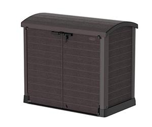 Duramax Cedargrain StoreAway da 1200 L, casetta da giardino in plastica, con coperchio ad arco per esterni, adatto per attrezzi, bici, barbecue e 2 bidoni da 240 l, 145 x 85 x 125 cm, Marrone