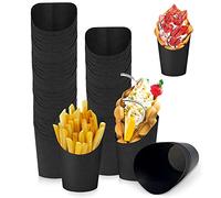 DURANTEY 50 Pezzi Tazze di Carta Kraft Holder Porta Patatine Fritte da Asporto Coppa Patatine Fritte Contenitori Popcorn Nero per Feste da Asporto Torte Cialde Patatine Fritte Snack, 11,8 * 8,3 * 6CM