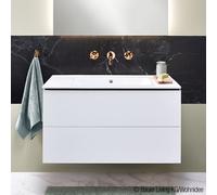 Lavabo Duravit ME by Starck Furniture, senza foro per rubinetto, troppopieno, con panca per rubinetto, 1230 mm, Colorazione: Bianco con Wondergliss