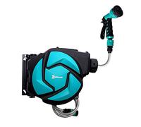 DURHAND Avvolgitubo Automatico Orientabile a Parete con Tubo da 10 m e 7 Ugelli, Avvolgitubo in Plastica e PP, 28x14x34 cm, Nero e Azzurro