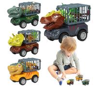Duroecsain Set di 4 giocattoli per camion con dinosauro, giocattolo per auto, personaggi Tyrannosaurus Rex, con funzione di movimento, attività di trasporto per bambini dai 3 anni in su