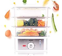 Duronic FS87 Vaporiera elettrica 870W, Capacità totale 10,6 L, Serbatoio 1,2 L, Timer integrato, Multi cottura con 3 Vaschette con base in acciaio INOX, Con cestello per riso, Bianco