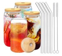 Duscdesp Bicchiere da caffè ghiacciato, bicchieri in vetro con coperchio e cannucce, bicchieri con coperchio in bambù e cannuccia di vetro, tazze con coperchio per acqua, cocktail (set da 4 pezzi)