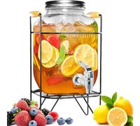 Duscdesp Distributore di bevande da 4 l, con supporto con rubinetto e coperchio, erogatore di acqua in vetro con pressa per rubinetto, distributore di succo, acqua, bevande fredde