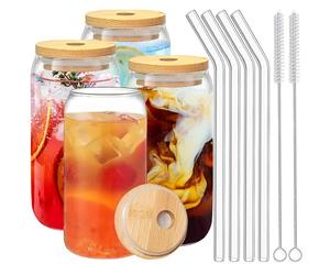Duscdesp Tazza da caffè freddo, tazze di vetro con coperchi e cannucce, bicchieri con coperchio in bambù e cannuccia di vetro, set di bicchieri da 473,6 g, caffè freddo, cocktail (set da 4 pezzi)