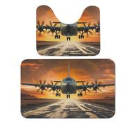 DuSky, set di 2 tappeti da bagno con aereo militare che atterrano sulle piste dell'aeronautica militare contro il bellissimo set di tappeti da bagno morbidi da bagno a forma di U, 50 x 80 cm