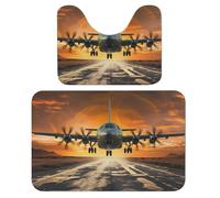 DuSky, set di 2 tappeti da bagno con aereo militare che atterrano sulle piste dell'aeronautica militare contro il bellissimo set di tappetini da bagno morbidi da bagno a forma di U, 40 x 60 cm