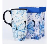 DUSVALLY Tazza da caffè alta in ceramica con coperchio, manico e confezione regalo, 500 ml, farfalla blu