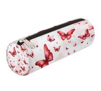 Dusviba Astuccio cilindrico rotondo con cuore e farfalla rossa, portapenne, portatile, multiuso, per cancelleria, cosmetici, da viaggio, con cerniera, per bambini, adolescenti, adulti