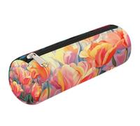 Dusviba Astuccio cilindrico rotondo con disegno artistico e tulipano, portapenne portatile, multiuso, per cancelleria, cosmetici, da viaggio, con cerniera, per bambini, adolescenti, adulti